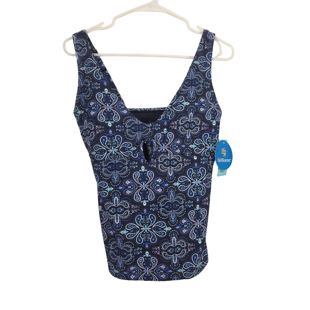 Sol Borne Tankini Swim Top L Womens Padded Blue Geometric Pullover NWT